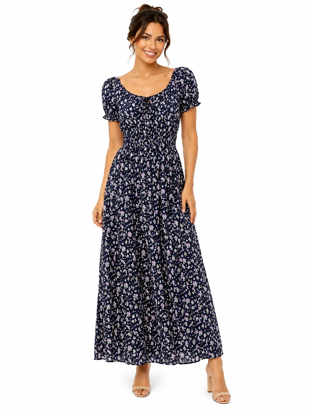 Birch And Stone Smocked Navy Floral Maxi Dress Raw Hem Sz Small - Picture 1 of 9